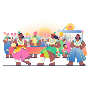 Performers dressed in colorful traditional costumes are sharing dances at a vibrant cultural festival. The dancers have intricate patterns and bright colors on their outfits, with feathers and beads adorning their headdresses. The stage is decorated with banners and flowers in various hues. A lively crowd is gathered around, some clapping along to the rhythm. In the background, stalls with traditional crafts and foods are visible, adding to the festive atmosphere. The sun sets in a warm orange glow, illuminating the scene with a soft light.
