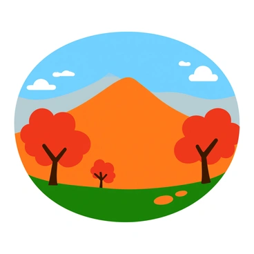 Mont Ventoux, a prominent mountain, is depicted with its slopes adorned in vibrant autumn colors. The trees are a mix of rich orange and deep red hues, showcasing the beauty of fall foliage. The sky above is a clear blue, contrasting with the warm tones of the landscape. The mountain rises majestically in the background, with patches of green grass visible among the autumn leaves. A gentle breeze rustles the branches, adding a sense of movement to the scene.