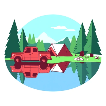 A red truck is parked beside a tranquil lakeside camping area. The truck's bright color stands out against the natural green surroundings. Its shiny exterior is perfectly reflected in the still waters of the lake, creating a mirror-like effect. In the background, tall trees frame the scene, with a few scattered rocks on the shore adding to the natural setting. The sky is clear with a hint of blue, enhancing the peaceful atmosphere of the camping spot.