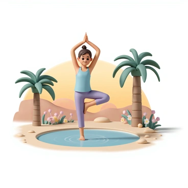 A cartoon girl, wearing a light blue tank top and purple leggings, is practicing yoga at a tranquil desert oasis. She is performing a tree pose, balancing on one leg while raising the opposite foot against her inner thigh. Her long brown hair is tied in a ponytail, and she wears a peaceful expression on her face. Surrounding her is a small pool of clear water with lush palm trees and colorful flowers nearby. The sandy ground is scattered with smooth stones, and the sun is setting, creating a warm golden glow over the scene.