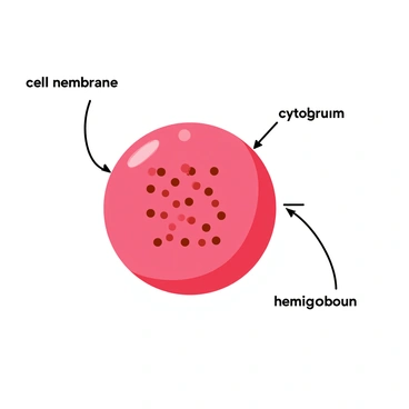 A clear diagram of a red blood cell on a light background. The red blood cell is depicted as a biconcave disc in a vivid red color. The structure of the cell highlights the hemoglobin molecules within, represented as clusters of dark red dots. Labels are present around the cell, pointing to key features such as "cell membrane," "cytoplasm," and "hemoglobin." Each label is written in bold black text for clarity. The overall layout is organized and easy to understand, with a clean presentation of anatomical details.