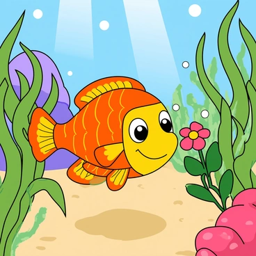 A small, colorful fish with vibrant scales swimming amidst a garden of underwater plants. The fish has large, expressive eyes and a cheerful smile. It is surrounded by various green plants with delicate fronds and colorful coral formations in the background. The fish is gently nudging a small, brightly colored flower that grows between the leaves. Tiny bubbles rise from the fish as it moves, adding a playful touch to the scene. Sunlight filters down through the water, creating dappled patterns on the sandy ocean floor.