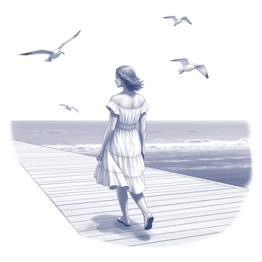 A model walking along a coastal boardwalk. She is wearing a light, breezy ruffle dress that flows gently in the wind. The boardwalk is made of wooden planks with a natural finish, leading towards the ocean. Seagulls are flying overhead, their wings spread wide against the sky. The scene captures the model's movement as she strolls, with her hair lightly tousled by the breeze. The coastline is visible in the distance, with gentle waves lapping at the shore.