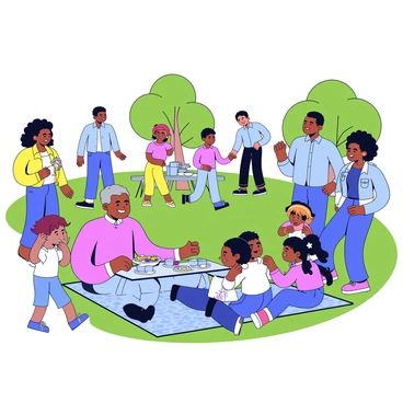 A family reunion scene featuring a large gathering of people from various generations. In the foreground, an elderly man with gray hair is sitting on a picnic blanket, smiling as he tells a story to his grandchildren. Nearby, a middle-aged woman with curly hair is preparing food at a picnic table, while a young couple stands together, holding hands and laughing. Children are playing tag in the background, their joyful expressions captured as they run around. The diversity of backgrounds is represented by individuals with different skin tones and clothing styles that reflect their heritage. The gathering is set in a green park with trees in the background.