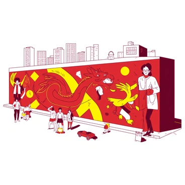 A public mural on a city wall showcasing a collection of diverse illustrations