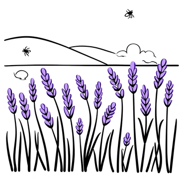 A vast field of lavender plants stretching into the distance, each plant with slender green stems and clusters of small lavender flowers. A gentle breeze is depicted as a subtle movement in the flowers, causing them to sway slightly. In the foreground, a few bees hover over the lavender, busy collecting nectar. The sky above is clear and expansive, suggesting a calm day. There are rolling hills in the background, partially covered in the same lavender blooms.