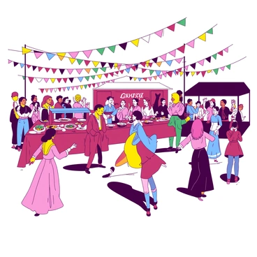 A vibrant scene at a cultural festival in Dundee showcases people in various traditional costumes. There are individuals performing lively dances, moving rhythmically to the music being played by a group of musicians in the background. The musicians are surrounded by colorful decorations, and there are food stalls with a variety of dishes, adding to the festive atmosphere. Attendees are enjoying the performances, some are clapping while others are taking photos. Colorful banners hang above the crowd, creating a joyful and spirited environment.