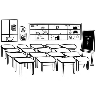 A classroom with wooden desks arranged neatly in rows. In the front, there is a large timeline chart mounted on the wall, displaying key historical events with labeled sections. Various images representing those events, such as ancient artifacts, famous landmarks, and notable figures, are illustrated along the timeline. The classroom is well-lit, with a large window allowing light to enter, and there are educational posters on the walls surrounding the timeline chart. A chalkboard is positioned beside the timeline, with some writing visible on it.