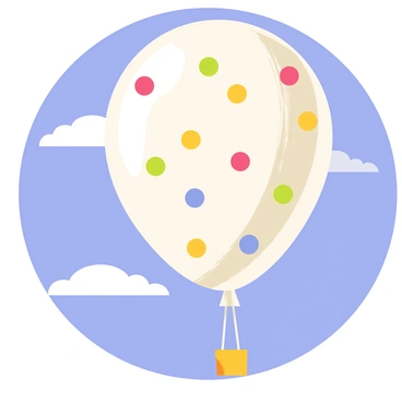 A large balloon floating in a clear blue sky. The balloon has a round shape and is covered with multicolored dots of various sizes, including red, yellow, green, and blue. The background features a few fluffy white clouds scattered throughout the sky, enhancing the sense of height and lightness. The sun shines brightly, casting soft shadows on the balloon's surface.