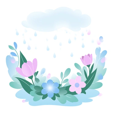 A landscape filled with blooming flowers and green leaves under a gentle rainfall. The scene captures water droplets falling and landing softly on petals and foliage. The flowers display a variety of colors, with some in full bloom and others just beginning to open, surrounded by lush greenery. The sky above is filled with soft gray clouds, and the ground is wet, glistening with moisture. A sense of tranquility permeates the environment as the rain provides nourishment to the vibrant flora.