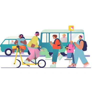 A diverse group of commuters is gathered in an urban setting, showcasing various transportation methods. In the foreground, a woman with dark skin is riding a bright yellow bicycle. Next to her, a man with light skin is standing on a sleek electric scooter, wearing a black helmet. A person with medium skin is waiting for a bus at a nearby stop, glancing at their phone while dressed in a red jacket. In the background, a group of individuals is seen carpooling in a teal van, and a pedestrian with a backpack walks by, smiling as they pass. The atmosphere conveys a sense of community and inclusivity in transportation choices.