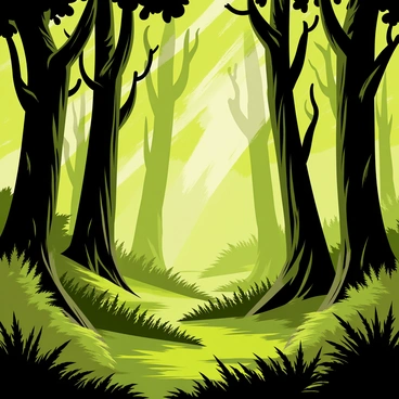 A dense forest filled with tall, twisted trees that have gnarled branches. The ground is covered in thick underbrush, with patches of green ferns peeking through. Wisps of white mist creep through the foliage, creating a mysterious atmosphere. Sunlight filters through the leaves, casting dappled shadows on the forest floor.