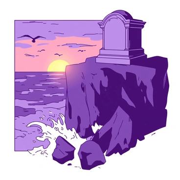 An empty tomb made of gray stone is perched on a tall seaside cliff. The tomb features intricate carvings along the edges, worn by time and weather. Below, waves crash violently against the rocks, creating a spray of white foam. The sky is a dramatic blend of orange and purple hues as the sun sets on the horizon. Jagged rocks surround the base of the cliff, and in the distance, a flock of seagulls can be seen soaring above the tumultuous sea.