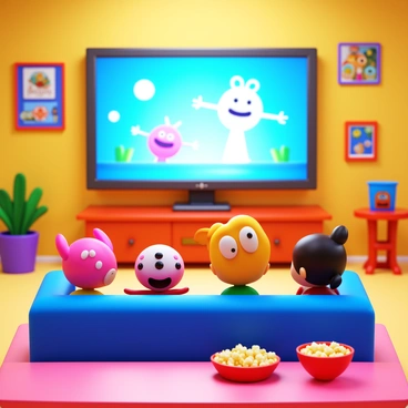 A group of animated characters with various unique designs is gathered in a cozy living room. They are sitting on a soft, colorful couch. In front of them is a giant flat-screen television displaying their own lively antics on the screen. The characters express surprise and joy, with wide eyes and smiles, as they watch themselves. The room is filled with playful decorations, including posters on the walls and a bowl of popcorn on the coffee table. Bright lighting adds a cheerful atmosphere to the scene.