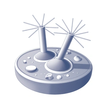 An educational scene featuring a cellular environment. In the center, two centrioles are positioned perpendicular to each other, composed of a cylindrical structure with nine triplet microtubules arranged in a circular pattern. Surrounding the centrioles, long thin microtubules are radiating outward, organized in a radial formation, mimicking a starburst effect. The background includes a textured representation of the cell membrane, while various organelles such as mitochondria and the Golgi apparatus are visible in the surrounding area. The image includes labels near the centrioles and microtubules, enhancing the educational aspect of the scene.