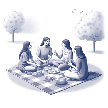 A group of friends is sitting on a checkered picnic blanket spread across the grass. They are smiling and laughing together, surrounded by an assortment of food items such as sandwiches, fruits, and snacks placed on the blanket. Some friends are holding drinks, while others are engaging in a game of frisbee nearby. The sunlight casts shadows of trees that surround the park, and a few birds can be seen in the sky above. The overall atmosphere reflects a lively and cheerful gathering in nature.