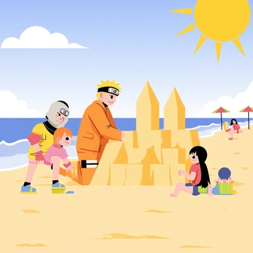Naruto is building a sandcastle on a sunny beach, surrounded by golden sand. He is wearing his signature orange jumpsuit and a headband. His friends are nearby, including Sakura and Sasuke, who are helping him shape the towers of the sandcastle. The sun is shining brightly in a clear blue sky, casting warm light across the scene. In the background, gentle waves lap against the shore, and a few colorful beach umbrellas can be seen further down the beach. The overall atmosphere is cheerful and lively, capturing a fun day at the beach.