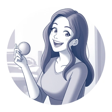 A woman with a joyful expression on her face is holding a shining coin in her right hand. Her eyes are wide with delight, and a broad smile spans her lips. The coin is prominently displayed, glinting as it catches the light. She has long hair that cascades over her shoulders, and she is wearing a simple top. The background features subtle hints of a room, possibly with soft outlines of furniture or decorative elements, enhancing the focus on her expression and the coin.