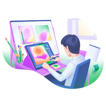 A modern pastel illustration depicting a "digital artist" focused on their work. The artist is seated at a desk with a "medium-sized tablet" in front of them, holding a "stylus" in their right hand. The tablet's screen displays "vibrant digital art" in progress, showcasing bright colors and intricate patterns. Surrounding the artist are various art supplies, including colored pens, paintbrushes, and a sketchbook. The background features a brightly lit room with a soft palette, enhancing the creative atmosphere.