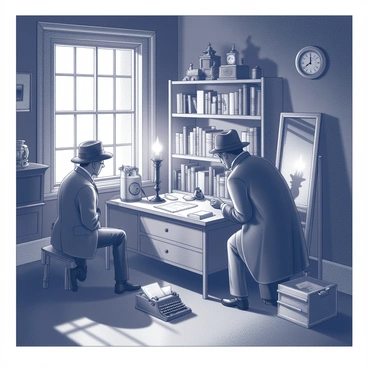 Two detectives are standing in a dimly lit, cluttered room within a Victorian house. One detective, wearing a fedora, is kneeling next to a wooden table, examining a stack of old papers and a magnifying glass in hand. The other detective is standing nearby, looking closely at a dusty bookshelf filled with a variety of old books and trinkets. Shadows are cast by a flickering oil lamp on the wall, creating an atmosphere of intrigue. Various items are scattered throughout the room, including a broken clock, a vintage typewriter, and an ornate mirror reflecting the scene.