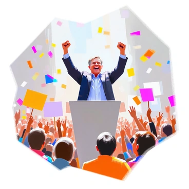 A politician standing on a podium, smiling broadly and raising a fist in triumph to celebrate victory. The politician, dressed in a tailored suit, has short hair and an enthusiastic expression. In front of the podium is a large, cheering crowd, waving flags and banners in support. The crowd consists of diverse individuals, with some holding up signs with encouraging slogans. Colorful streamers are falling from above, adding to the festive atmosphere.
