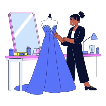 A designer stands next to a mannequin dressed in a stunning evening gown. The gown is made of flowing silk fabric in a deep royal blue color, adorned with intricate silver beadwork along the neckline and hem. The designer, wearing a stylish black outfit, carefully adjusts the drape of the gown, adding a few last embellishments. The workspace is filled with various sewing tools and materials, including spools of thread and fabric swatches. A large mirror reflects the designer's focused expression as they step back to assess their work.