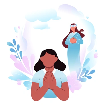 A young girl with dark hair is standing with her hands clasped together in front of her chest. She is gazing upwards with an expression of admiration. In the background, a figure representing Kartini is depicted, dressed in traditional clothing and adorned with a floral crown. The setting includes vibrant flowers and trees, enhancing the feeling of inspiration. Above the girl and Kartini, a light gradient of pastel colors fills the sky, adding a hopeful atmosphere to the scene.