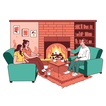 A warm room with a brick fireplace at the center, radiating heat and light. A group of four people is seated on plush, teal sofas surrounding the fireplace. One person is leaning back, laughing, while another is animatedly gesturing as they share a story. A small table in front of them holds mugs filled with steaming drinks. Soft orange light from the fireplace casts gentle shadows on the walls, which are adorned with framed pictures and bookshelves filled with books. The atmosphere is inviting, with a large woven rug covering the wooden floor.