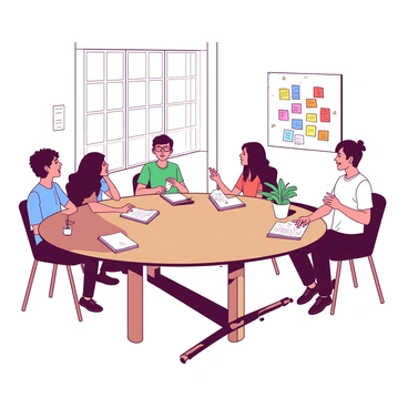 In a bright white studio, several participants are seated at a large oval table made of polished wood, engaged in animated discussions. Each individual is holding a notepad filled with notes and sketches, reflecting their ideas and insights from the workshop. A tall window lets in natural light, illuminating the space. On the walls, colorful post-it notes are arranged in clusters, showcasing various concepts generated during the session. One participant, with glasses, is gesturing enthusiastically while another is nodding in agreement, indicating a lively exchange of thoughts. A small potted plant sits on the table, adding a touch of greenery to the creative environment.