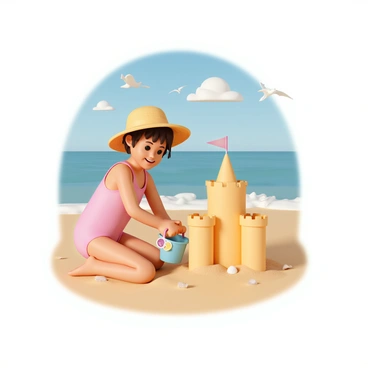 A young girl, wearing a bright pink swimsuit and a wide-brimmed sun hat, is kneeling on the warm golden sand. She is focused on building a sandcastle, using a colorful plastic bucket and a small spade. The sandcastle is tall with turrets and flags made from seashells. In the background, gentle waves are lapping at the shore, and seagulls are flying above. The sky is clear and blue, with a few fluffy white clouds. The girl has a big smile on her face as she adds the finishing touches to her creation.
