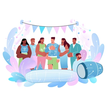 A group of participants is gathered in a celebratory atmosphere, all wearing vibrant traditional clothing. Some individuals are adorned with intricate patterns and bright colors, showcasing the cultural significance of the occasion. In the center, a person is holding a ceremonial object decorated with symbols relevant to the event. Surrounding them are decorations that include colorful banners and floral arrangements, adding to the festive ambiance. A large traditional drum is positioned nearby, indicating music will play a role in the ceremony.