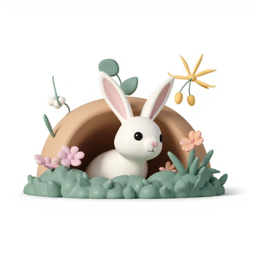 A curious rabbit with soft, white fur and long ears is peeking out from its burrow. The burrow is surrounded by lush green grass and colorful wildflowers. The rabbit's body is partially hidden, while its nose twitches as it surveys the surroundings. The edges of the burrow are slightly torn, showcasing the earthy texture of the soil. Sunlight filters through the leaves above, creating a gentle dappled light around the rabbit, illuminating its bright, inquisitive eyes.