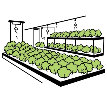An indoor hydroponic farm filled with rows of vibrant green lettuce plants growing in neat, vertical stacks. The lettuce features crisp, leafy heads, flourishing under bright artificial grow lights. The farm's setting includes a white, clean floor and structured shelving units that support the plants. Various irrigation tubes run along the rows, supplying nutrients to the lettuce. The atmosphere is bright and organized, highlighting the lush greenery of the healthy plants.