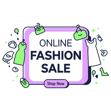 A web banner advertisement designed for an online fashion sale is prominently displayed. The banner features the text "Online Fashion Sale" in bold letters at the center. Above the text, there are illustrations of stylish clothing items, such as a dress, a pair of shoes, and accessories like a handbag and sunglasses. To the sides of the banner, there are decorative elements that resemble elegant patterns. At the bottom, a button with the text "Shop Now" invites viewers to take action. The overall composition is balanced and visually engaging, drawing attention to the sale.
