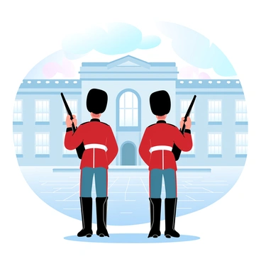 Two royal guards in traditional uniforms are standing at attention outside Buckingham Palace. The guards are wearing red tunics and tall black bearskin hats. Each guard is holding a rifle with both hands, standing erect with their feet together. Behind them, the majestic facade of Buckingham Palace features intricate architectural details and large windows. The sky is painted in soft gradient pastel colors, creating a serene backdrop to the scene. The ground is paved with cobblestones, leading up to the grand entrance of the palace.
