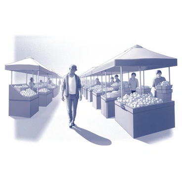 A person walking along a path in an outdoor market. They are observing various stalls filled with an assortment of fruits and vegetables. Each stall is neatly arranged, showcasing a variety of produce. The scene is lively, with other shoppers interacting with vendors, and the atmosphere is bustling with activity. The person's attire is casual, and they are engaged in exploring the vibrant offerings around them.