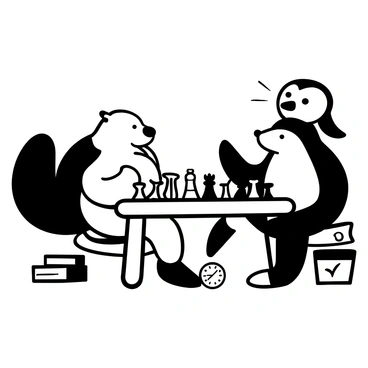 A beaver sitting at a wooden chess table, deeply focused on a chessboard in front of it. The beaver is using its paws to contemplate its next move, surrounded by various chess pieces arranged in strategic positions. Across from the beaver, a wise-looking owl is perched, observing the game with a thoughtful posture. The owl is surrounded by books stacked on the table and a small clock ticking beside it. The background features subtle details of a forest setting, enhancing the atmosphere of the intense match.