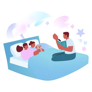 A parent is sitting on the edge of a bed reading a bedtime story to a child who is tucked snugly under a colorful blanket. The parent is holding an open storybook with illustrations visible on the pages. The child has a teddy bear clutched in one hand and appears to be cozy and comfortable. A soft glow from a bedside lamp casts gentle light across the room, creating a warm atmosphere. Above the bed, stars and moon shapes are visible on the wall, enhancing the bedtime theme.