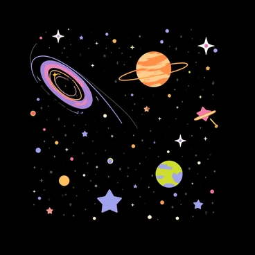 A night sky filled with dark blue and black hues, dotted with numerous stars in various sizes. A vibrant galaxy spirals with shades of purple and pink, intricately illustrated with swirling patterns. Planets of different colors and sizes are scattered across the sky, including a large orange planet with rings and a small green planet with craters. Bright beams of light emanate from some of the stars, adding a whimsical feel to the scene.