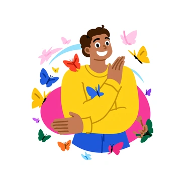A variety of butterflies in vibrant colors, including red, blue, yellow, and green, are fluttering around a person. The person is smiling and has their arms wrapped around themselves, creating a visual of a warm hug. The butterflies are hovering closely, some landing gently on their shoulders and arms. The background is bright and cheerful, enhancing the joyful atmosphere of the scene.