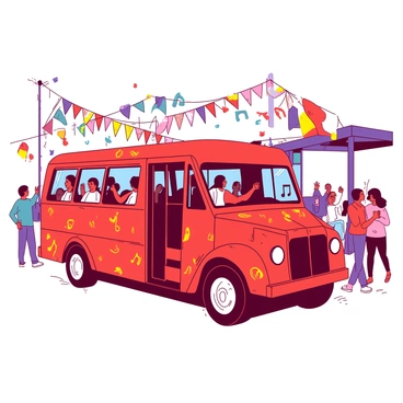 A red bus is parked on a vibrant street, adorned with a variety of colorful festival banners that flutter in the breeze. The bus is covered with musical notes painted in a bright yellow hue, creating a festive atmosphere. Surrounding the bus, there are small groups of people enjoying the celebration, some waving their hands in rhythm to the music. The scene is filled with excitement, drawing attention to the joyful decorations of the bus.