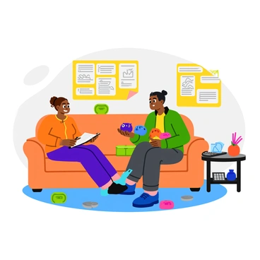 A parent and child sitting together on a cozy sofa in a brightly lit living room. The parent is holding a few colorful piggy banks while the child looks on with curiosity. There is a stack of coins on a small table next to them, and a calculator is also present. The child has a thoughtful expression, holding a notebook and pencil, ready to take notes. Various charts and drawings about saving money are pinned on a nearby wall, adding to the learning atmosphere. There are toys scattered around, creating a warm, inviting environment for their discussion.