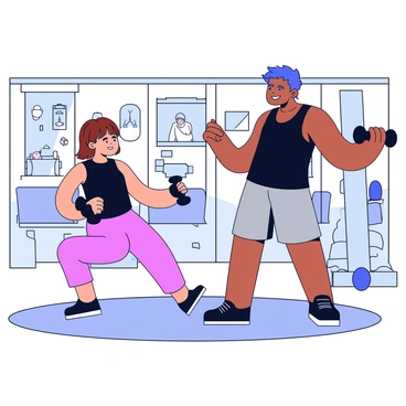 A personal trainer with a muscular build is demonstrating exercises to a client in a gym setting. The trainer is wearing a black tank top and grey shorts, showing a confident posture as they guide the client. The client, a woman with short brown hair, is attempting to lift a set of dumbbells while focusing on her form. In the background, there are various gym equipment and fitness posters on the walls, creating an energetic atmosphere. The floor is a light-colored rubber, and there are mirrors reflecting the training session.