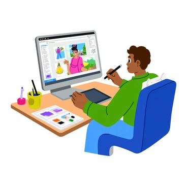 An artist sitting at a modern computer workstation, focused on designing a new video game character. The workstation features a large monitor displaying a colorful character design in digital format. The artist is using a graphic tablet, with a stylus in hand, showcasing detailed sketches and vibrant colors on the screen. Surrounding the workstation are various art supplies, including sketchbooks filled with character concepts, pencils, and color swatches. The room is well-lit, emphasizing the artist's concentration and creativity as they work on their project.