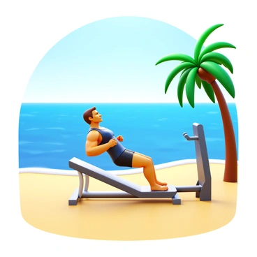 An athlete performing inverted rows on a beachfront workout station. The athlete is wearing a fitted tank top and athletic shorts. The workout station is made of sturdy metal and is positioned on sandy ground. In the background, the ocean stretches out with gentle waves lapping at the shore. The sky is clear, and the sun casts bright light over the scene, highlighting the athlete's focused expression and muscular build. Palm trees sway lightly in the breeze on the side of the station.