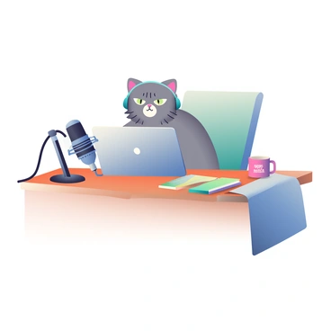 A cat with fluffy gray fur and bright green eyes is sitting at a wooden desk recording a podcast. The cat is wearing small headphones and has a serious expression. In front of the cat is a black microphone on a stand, capturing its voice. Next to the microphone, there is a sleek silver laptop open, displaying audio editing software on the screen. The desk has a few colorful notebooks scattered around, along with a coffee mug that reads "Paws & Reflect." A cozy blanket is draped over the back of the chair, adding to the comfortable atmosphere.