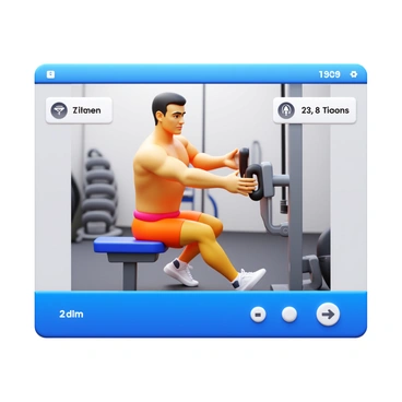 A digital avatar performing cable kickbacks in a virtual fitness app interface. The avatar has a muscular build and is dressed in a bright athletic outfit. The background features a modern gym setting with equipment visible, such as cables and weights. The avatar is in mid-action, with one leg extended back, engaging the glute muscles, while holding onto the cable machine. The screen displays metrics such as time and calories burned in the corner.