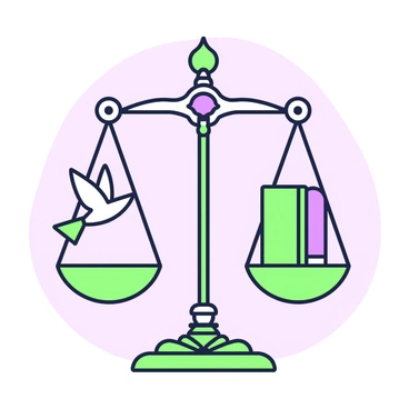 A set of scales is positioned in the center of the image. On one side of the scales, there is a symbol of freedom represented by a stylized bird in mid-flight, and on the other side, a symbol of responsibility depicted as a sturdy book. The scales are crafted with intricate designs, showing a balance between the two symbols. The background features a soft gradient, allowing the scales and the symbols to stand out prominently.