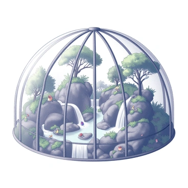 A biodome structure with a transparent dome-shaped top, creating an enclosed environment. Inside, there is a lush miniature rainforest ecosystem featuring various types of trees and dense foliage. Distinct waterfalls cascade from rocky outcrops, creating small pools below. Diverse wildlife can be seen, including birds perched on branches, small mammals foraging on the forest floor, and colorful insects buzzing around the plants. The intricate details of the plants and the flowing water add depth to the scene.