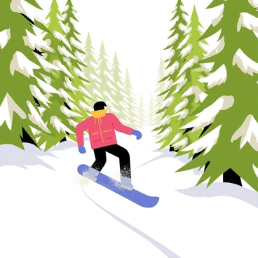 A snowboarder wearing a bright red jacket and black snow pants is carving through a narrow trail in a dense forest. Tall evergreen trees covered in thick layers of snow line the sides of the trail. The snowboarder is leaning into a turn, with snow flying up from the board. The sunlight filters through the branches, creating dappled light on the snowy ground. The trail winds tightly, disappearing into the trees ahead. Small snowflakes are swirling in the air around the snowboarder, adding to the winter atmosphere.
